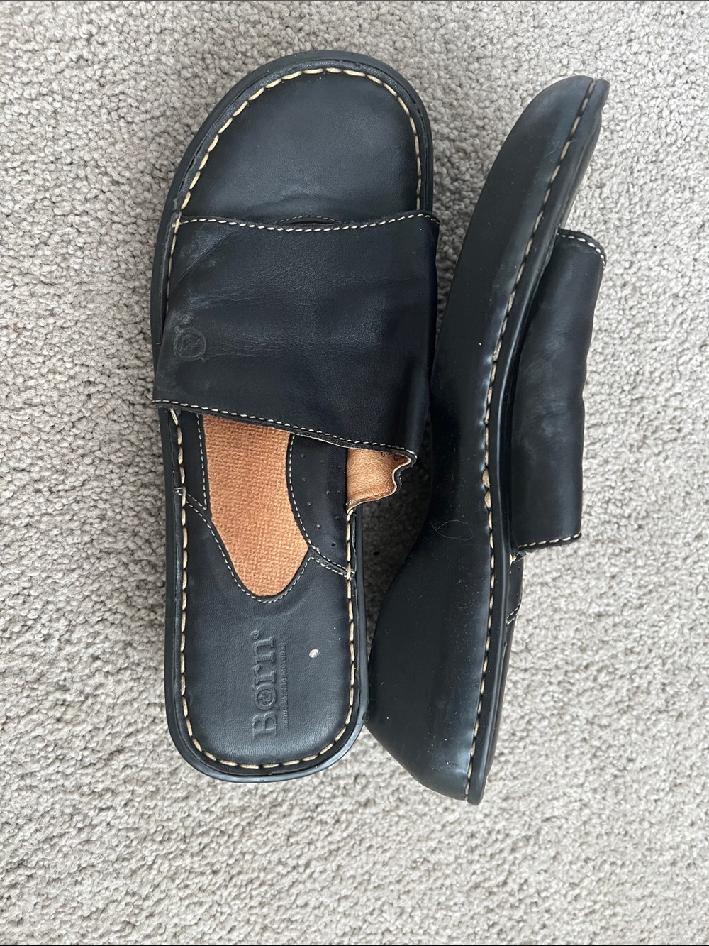 Born Black Leather Slip-On Sandals with Brown Footbed